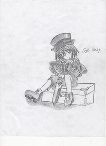 Rating: Safe Score: 0 Tags: 1girl boots cape hat image long_sleeves monochrome short_hair shorts sitting solo souseiseki top_hat User: admin