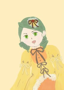 Rating: Safe Score: 0 Tags: 1girl dress green_eyes green_hair image kanaria long_sleeves looking_at_viewer neck_ribbon open_mouth ribbon simple_background smile solo upper_body yellow_dress User: admin