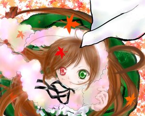 Rating: Safe Score: 0 Tags: 1girl anger_vein autumn autumn_leaves bangs black_ribbon brown_hair dress falling_leaves frills green_eyes heterochromia image leaf long_hair long_sleeves looking_at_viewer maple_leaf red_eyes ribbon solo suiseiseki very_long_hair User: admin
