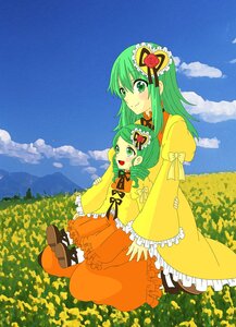 Rating: Safe Score: 0 Tags: 2girls cloud day dress dual_persona flower green_eyes green_hair hair_ornament image kanaria long_hair multiple_girls ribbon sky smile solo User: admin