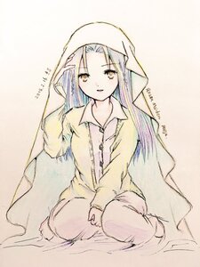 Rating: Safe Score: 0 Tags: 1girl bangs barefoot blanket eyebrows_visible_through_hair full_body human image kakizaki_megu long_hair long_sleeves looking_at_viewer pajamas sitting solo traditional_media User: admin
