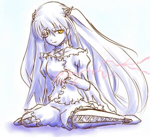 Rating: Safe Score: 0 Tags: 1girl boots dress flower hair_ornament image kirakishou long_hair long_sleeves looking_at_viewer monochrome rose sitting smile solo suigintou two_side_up very_long_hair yellow_eyes User: admin
