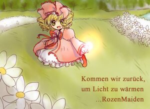 Rating: Safe Score: 0 Tags: 1girl :d blonde_hair bow character_name dress drill_hair field flower grass green_eyes hat hina_ichigo hinaichigo image long_sleeves looking_at_viewer open_mouth outdoors pink_bow pink_dress short_hair smile solo standing User: admin