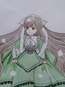 Rating: Safe Score: 0 Tags: 1girl brown_hair dress frills green_dress green_eyes heterochromia image long_hair long_sleeves looking_at_viewer marker_(medium) red_eyes simple_background solo suiseiseki traditional_media very_long_hair watercolor_(medium) User: admin