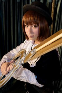Rating: Safe Score: 0 Tags: 1girl bangs brown_eyes brown_hair dress hat instrument lips long_sleeves looking_at_viewer necklace short_hair smile solo souseiseki upper_body User: admin