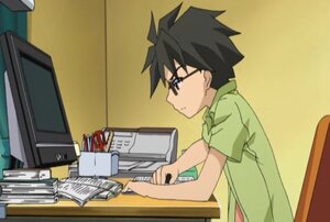 Rating: Safe Score: 0 Tags: 1boy black_hair chair from_side glasses green_shirt human indoors profile sakurada_jun screenshot shirt short_sleeves solo spiked_hair upper_body User: admin