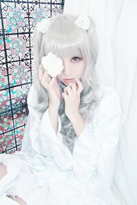 Rating: Safe Score: 0 Tags: 1girl bangs brown_eyes depth_of_field flower kimono kirakishou lips long_sleeves looking_at_viewer sitting solo white_flower white_theme User: admin