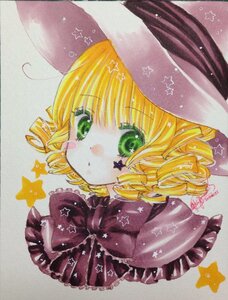 Rating: Safe Score: 0 Tags: 1girl anger_vein bangs blonde_hair crescent cross drill_hair eyebrows_visible_through_hair green_eyes hat hinaichigo image looking_at_viewer marker_(medium) portrait short_hair solo star_(symbol) star_earrings star_hair_ornament star_necklace star_print starfish starry_background traditional_media watercolor_(medium) User: admin
