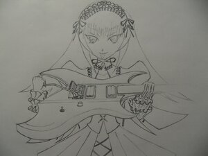 Rating: Safe Score: 0 Tags: 1girl dress frills greyscale hairband image lineart lolita_hairband long_hair long_sleeves looking_at_viewer monochrome photo simple_background solo standing suigintou traditional_media twintails User: admin