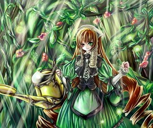 Rating: Safe Score: 0 Tags: 1girl blonde_hair dress drill_hair flower green_dress green_eyes heterochromia image joints long_hair red_eyes smile solo suiseiseki twin_drills very_long_hair watering_can User: admin