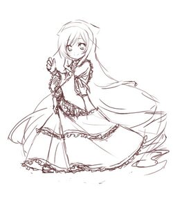 Rating: Safe Score: 0 Tags: 1girl blush dress full_body image long_hair long_sleeves looking_at_viewer monochrome simple_background sketch smile solo suiseiseki very_long_hair white_background User: admin