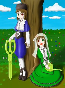 Rating: Safe Score: 0 Tags: 2girls :d brown_hair cloud day dress grass green_dress green_eyes hat head_scarf heterochromia image long_hair long_sleeves multiple_girls open_mouth outdoors pair pantyhose red_eyes scissors short_hair siblings sisters sky smile souseiseki suiseiseki twins watering_can white_legwear User: admin