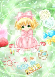Rating: Safe Score: 0 Tags: 1girl blonde_hair bow dress flower food fruit green_eyes hair_bow hina_ichigo hinaichigo image mary_janes pantyhose petals pink_bow pink_dress rose shoes short_hair sitting solo strawberry v_arms wariza white_legwear User: admin