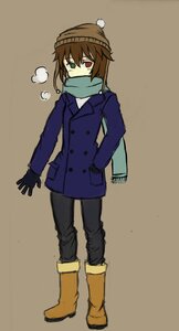 Rating: Safe Score: 0 Tags: boots breath brown_background brown_hair coat covered_mouth eyebrows_visible_through_hair full_body gloves green_eyes hat heterochromia image long_sleeves pants red_eyes scarf simple_background solo souseiseki standing winter_clothes User: admin