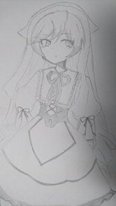 Rating: Safe Score: 0 Tags: 1girl :t animal_ears blush closed_mouth dress eyebrows_visible_through_hair frills greyscale image long_hair looking_at_viewer monochrome pout sketch solo suiseiseki traditional_media very_long_hair User: admin