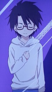 Rating: Safe Score: 0 Tags: 1boy black-framed_eyewear black_hair blue_background closed_eyes closed_mouth facing_viewer glasses hood hoodie human long_sleeves pants sakurada_jun smile solo standing User: admin