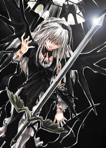 Rating: Safe Score: 0 Tags: 1girl arm_at_side black_dress black_ribbon black_wings collarbone cross-laced_clothes cross_print detached_collar detached_sleeves doll_joints doujinshi doujinshi_#11 dress floating floating_object flower frills hairband image joints kurokoeda lace_trim long_hair long_sleeves looking_at_viewer multiple outstretched_hand parted_lips red_eyes ribbon rose rozen_maiden silver_hair solo suigintou sword torn_clothes weapon winged_sword wings User: admin