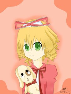Rating: Safe Score: 0 Tags: 1girl blonde_hair bow drill_hair green_eyes hina_ichigo hinaichigo image looking_at_viewer orange_background ribbon smile solo stuffed_animal upper_body User: admin
