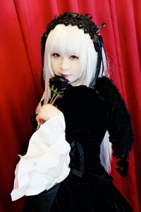 Rating: Safe Score: 0 Tags: 1girl bangs black_dress closed_mouth curtains hairband long_hair long_sleeves looking_at_viewer red_background red_eyes rose solo suigintou white_hair User: admin