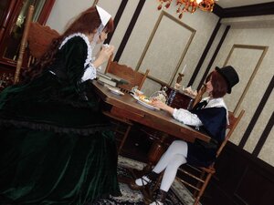 Rating: Safe Score: 0 Tags: 2girls apron brown_hair cake chair dress food hat maid multiple_cosplay multiple_girls pantyhose short_hair sitting table tagme white_legwear User: admin