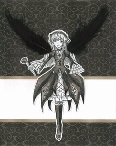 Rating: Safe Score: 0 Tags: 1girl braid greyscale image izayoi_sakuya maid_headdress monochrome short_hair solo spot_color suigintou thighhighs twin_braids wings User: admin