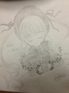 Rating: Safe Score: 0 Tags: 1girl auto_tagged blush closed_eyes dress image long_hair long_sleeves monochrome photo shinku signature simple_background smile solo traditional_media twintails User: admin