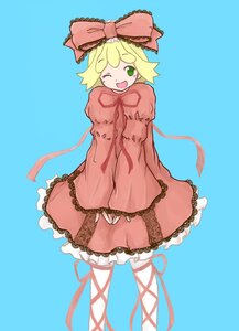 Rating: Safe Score: 0 Tags: 1girl ;d auto_tagged blonde_hair blue_background bow dress frills green_eyes hina_ichigo hinaichigo image long_sleeves looking_at_viewer one_eye_closed open_mouth pink_bow pink_dress ribbon short_hair simple_background sleeves_past_wrists smile solo standing white_legwear User: admin