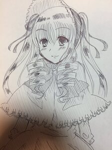 Rating: Safe Score: 0 Tags: 1girl blush bonnet capelet dress frills hat image long_hair long_sleeves looking_at_viewer monochrome shinku smile solo upper_body User: admin