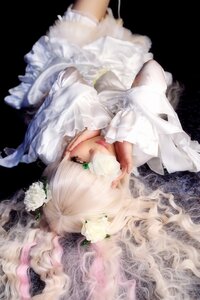 Rating: Safe Score: 0 Tags: 1girl bangs blurry depth_of_field dress flower frills green_eyes hands_on_own_face kirakishou lips looking_at_viewer solo white_dress white_hair User: admin