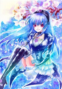 Rating: Safe Score: 0 Tags: 1girl black_legwear blue_hair cherry_blossoms dress frills hairband image long_hair long_sleeves looking_at_viewer ribbon sitting smile solo suigintou thighhighs traditional_media User: admin