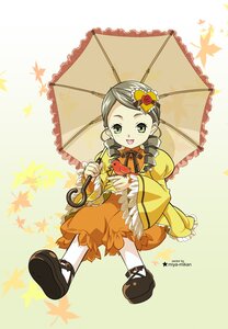 Rating: Safe Score: 0 Tags: 1girl anger_vein autumn autumn_leaves black_umbrella dress falling_leaves green_eyes hair_ornament holding holding_leaf holding_umbrella image kanaria leaf leaf_hair_ornament leaf_print maple_leaf open_mouth parasol red_umbrella shared_umbrella smile solo umbrella User: admin