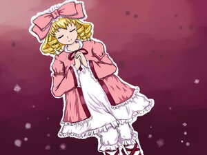 Rating: Safe Score: 0 Tags: 1girl blonde_hair bow closed_eyes dress drill_hair frills hair_bow hina_ichigo hinaichigo image long_sleeves pink_bow pink_dress short_hair smile solo standing underwear User: admin