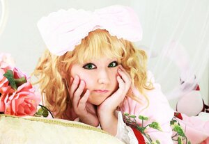 Rating: Safe Score: 0 Tags: 1girl bangs blonde_hair blurry chin_rest depth_of_field eyelashes flower food fruit green_eyes hat hinaichigo lips looking_at_viewer red_flower rose solo strawberry striped User: admin