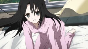 Rating: Safe Score: 0 Tags: 1girl angry barefoot bed black_hair blush clenched_teeth human image indoors kakizaki_megu long_hair long_sleeves looking_at_viewer pajamas pink_pants pink_shirt screenshot solo tears teeth User: admin
