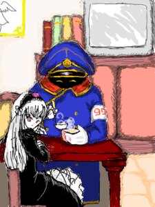 Rating: Safe Score: 0 Tags: 1boy 1girl black_dress couch dress hairband hat image long_hair long_sleeves oekaki pink_eyes sitting solo suigintou table uniform User: admin