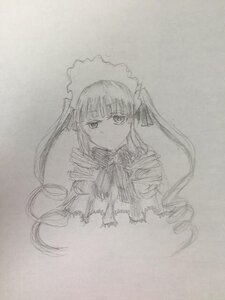 Rating: Safe Score: 0 Tags: 1girl auto_tagged bow bowtie closed_mouth drill_hair frills image long_hair looking_at_viewer monochrome photo shinku simple_background solo traditional_media upper_body User: admin