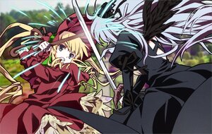 Rating: Safe Score: 0 Tags: 2girls black_wings blonde_hair blue_eyes bonnet cane commentary_request dress drill_hair flower frills gothic_lolita hair_ribbon headdress image lolita_fashion long_hair long_sleeves multiple_girls nyoro_(nyoronyoro000) pair photoshop_(medium) red_dress ribbon rozen_maiden shinku silver_hair standing suigintou sword twintails very_long_hair weapon wings User: admin