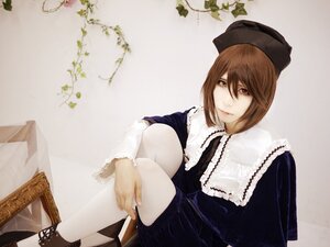 Rating: Safe Score: 0 Tags: 1girl brown_eyes brown_hair hat knees_up lips long_sleeves looking_at_viewer plant potted_plant short_hair sitting solo souseiseki striped vertical_stripes User: admin
