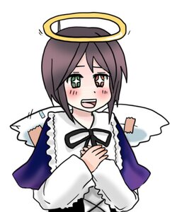 Rating: Safe Score: 0 Tags: 1girl :d blush capelet green_eyes halo heterochromia image long_sleeves open_mouth own_hands_together red_eyes ribbon simple_background smile solo souseiseki upper_body white_background wings User: admin