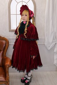 Rating: Safe Score: 0 Tags: 1girl blonde_hair blue_eyes bonnet curtains dress expressionless flower full_body long_sleeves looking_at_viewer red_dress rose shinku shoes solo standing User: admin