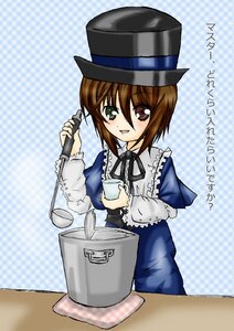 Rating: Safe Score: 0 Tags: 1girl blue_dress brown_hair checkered cup dress hat holding image long_sleeves looking_at_viewer plaid_background ribbon short_hair smile solo souseiseki User: admin