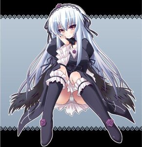 Rating: Safe Score: 0 Tags: 1girl black_wings blush boots dress flower frills hairband image knee_boots long_hair long_sleeves looking_at_viewer pantyshot pink_eyes rose silver_hair sitting solo suigintou underwear white_panties wings User: admin