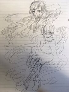 Rating: Safe Score: 0 Tags: boots dress greyscale high_heels image kirakishou long_hair monochrome multiple_girls pair sketch smile stocking_(psg) suiseiseki thighhighs very_long_hair wings User: admin