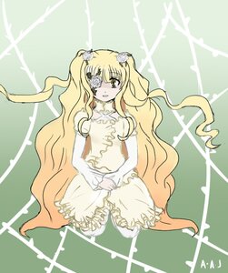 Rating: Safe Score: 0 Tags: 1girl blonde_hair dress eyepatch flower green_background hair_flower hair_ornament image kirakishou long_hair rose smile solo thorns twintails very_long_hair vines wavy_hair white_rose yellow_eyes User: admin