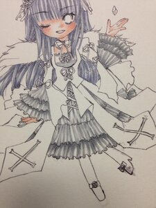 Rating: Safe Score: 0 Tags: 1girl blush dress frills full_body hair_ornament image long_hair long_sleeves one_eye_closed photo simple_background smile solo standing suigintou traditional_media wings User: admin