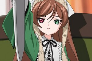 Rating: Safe Score: 0 Tags: 1girl brown_hair dress frills green_eyes head_scarf heterochromia image long_hair long_sleeves red_eyes ribbon solo suiseiseki User: admin