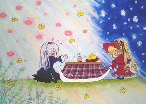 Rating: Safe Score: 0 Tags: 2girls blonde_hair blue_butterfly bonnet bug butterfly butterfly_hair_ornament clover dress flower food fruit image insect kotatsu long_hair mandarin_orange multiple_girls pair rose shinku squiggle suigintou table teacup User: admin