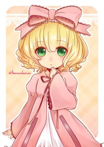 Rating: Safe Score: 0 Tags: 1girl bangs blonde_hair bow cowboy_shot dress eyebrows_visible_through_hair frills green_eyes hina_ichigo hinaichigo image juliet_sleeves long_sleeves looking_at_viewer pink_bow pink_dress puffy_sleeves ribbon short_hair solo striped striped_background twitter_username wide_sleeves User: admin
