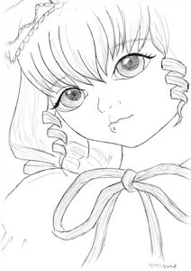 Rating: Safe Score: 0 Tags: 1girl auto_tagged closed_mouth drill_hair eyebrows_visible_through_hair greyscale hinaichigo image looking_at_viewer monochrome ribbon signature solo tears traditional_media twin_drills white_background User: admin