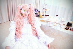 Rating: Safe Score: 0 Tags: 1girl curtains dress flower hair_flower kirakishou long_hair pink_hair sitting solo striped vertical_stripes white_flower window User: admin